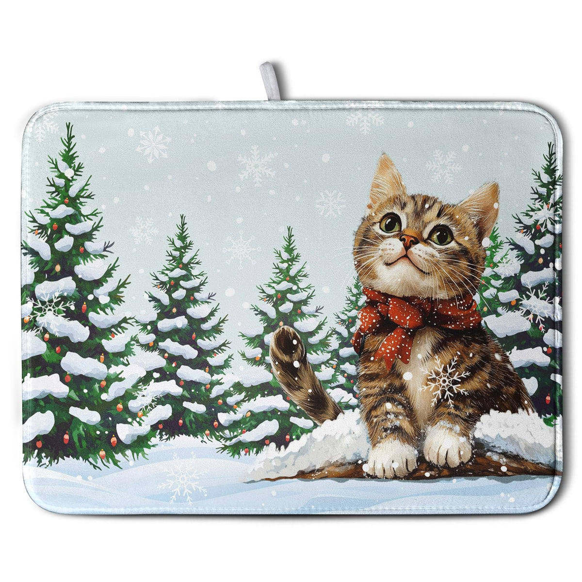 Cat Snow Pine Tree Winter Kitchen Dish Drying Mat 16x18 Inch Cute Kitten Animal Dish Mat Christmas Holiday Super Absorbent Dish Drying Pads Microfiber Dish Drying Mat for Kitchen Counter Sink
