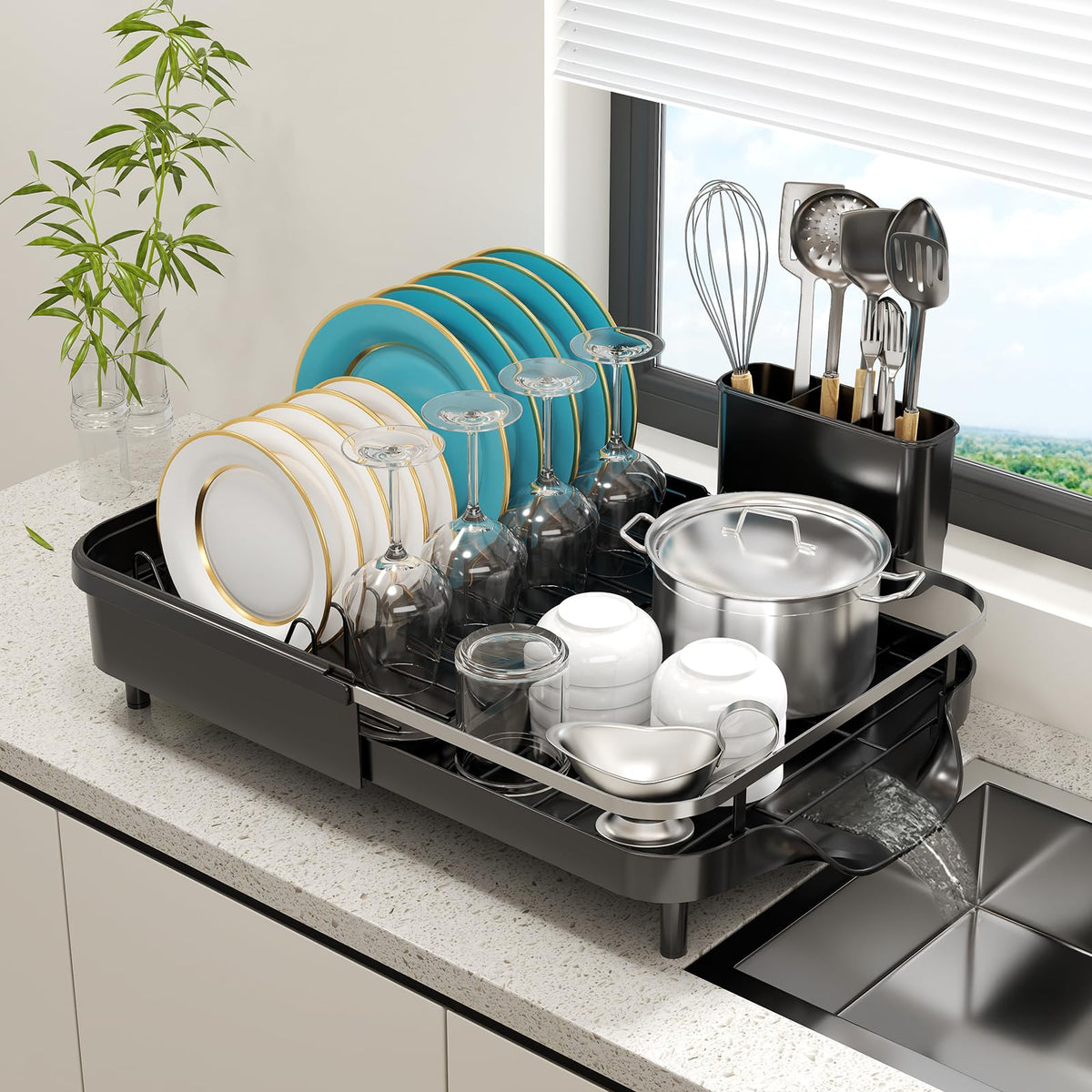 KLKE Expandable Dish Drying Rack,Dish Rack for Kitchen Counter-Dish Drainer with Efficient Drainage Drainboard Set and Utensil Holder Over The Sink Dish Drainer Drying Rack