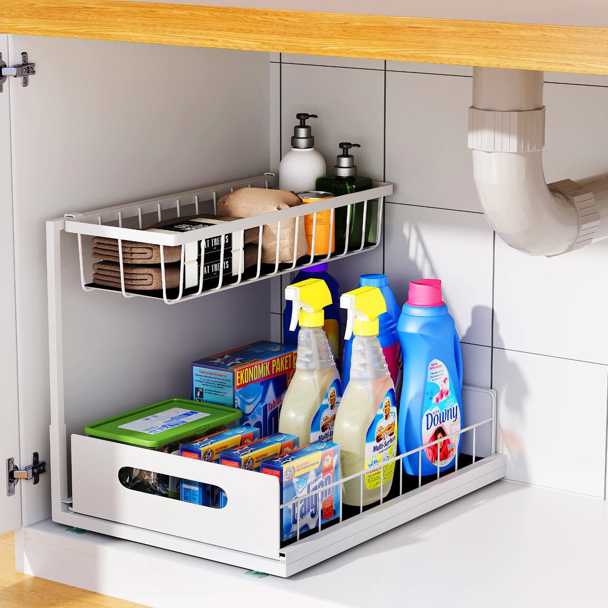 UINOFLE Under Sink Organizers and Storage 2 Tier Sliding Cabinet Basket Organizer Drawer Pull Out Cabinet Organizer Multi-Purpose Under Sink Organizer for Bathroom Kitchen (White)