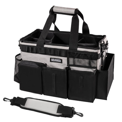 SCAVATA Wearable Cleaning Caddy Bag Cleaning Caddy Supplies Organizer with Handle & Shoulder Straps for Housekeepers Under Sink & Car Cleaning Tool Organizers with 4 Foldable Divider (Grey)