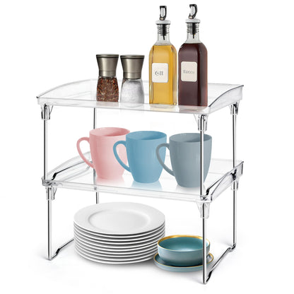 Set of 2 Kitchen Countertop Organizer Stackable Shelf Organizer Corner Storage Rack Foldable Pantry Cabinet Cupboard Counter Shelf Plasitc Spice Rack Bathroom Tray Under Sink Storage Desk Shelf