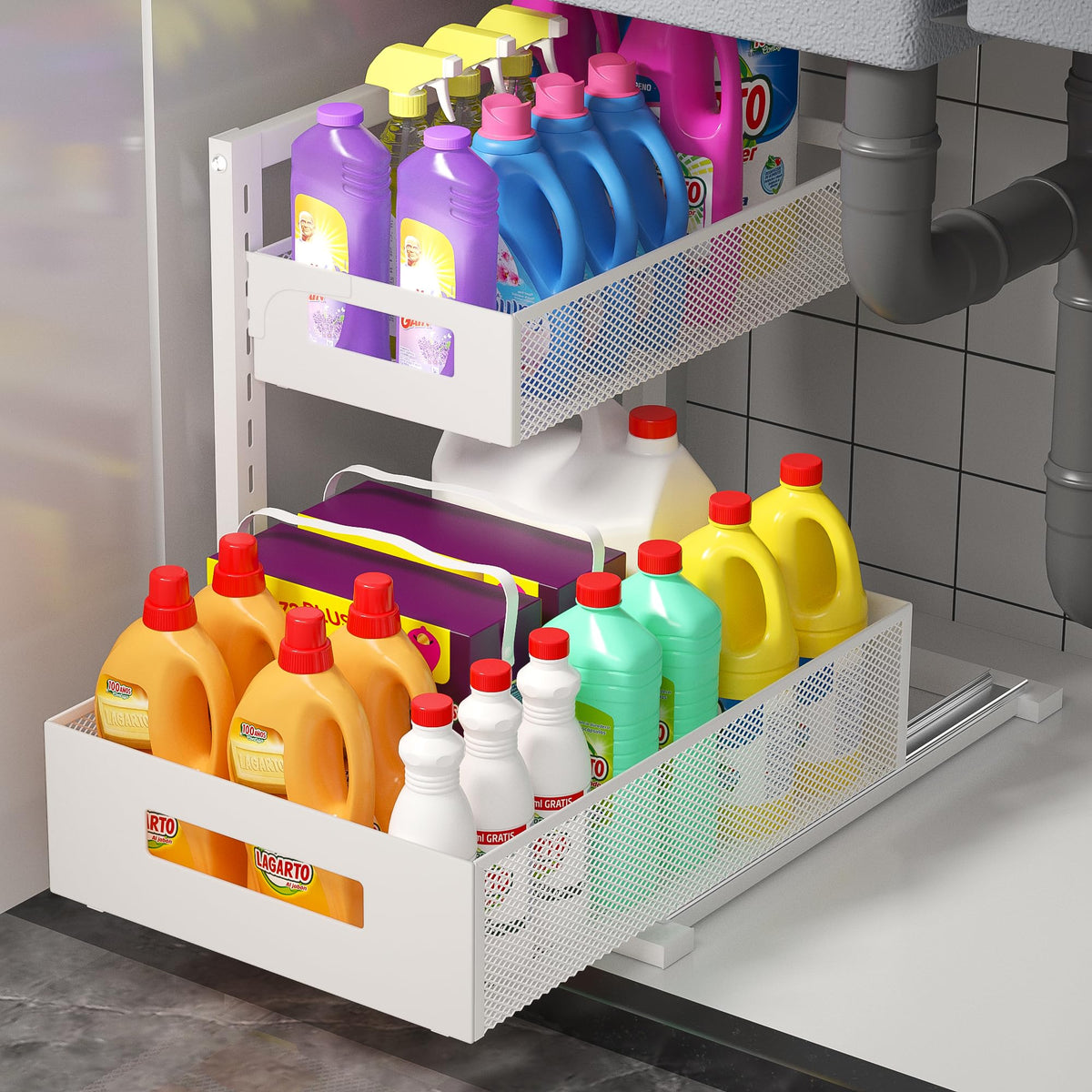 Under Sink Organizer 2 Tier Adjustable Under Sink Organizers and Storage for Bathroom Kitchen Cabine Metal Pull Out Cabinet Organizer with Silk slide ball guide railWhiteXL-1PC