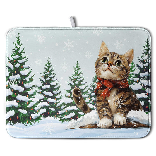 Cat Snow Pine Tree Winter Kitchen Dish Drying Mat 16x18 Inch Cute Kitten Animal Dish Mat Christmas Holiday Super Absorbent Dish Drying Pads Microfiber Dish Drying Mat for Kitchen Counter Sink