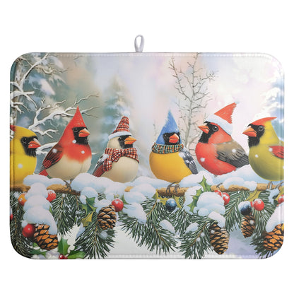 Winter Dish Drying Mat Cardinal Birds Kitchen Dish Drying Pad Snowflake Dish Dryer Mat for Kitchen Countertops Microfiber Dishes Drainer Pad Absorbent Dish Drying Rack Mat (18x24 in)
