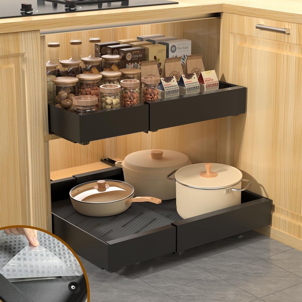 2PCS Pull Out Drawers for Kitchen Cabinets Expandable (12.2"-19.7") Sliding Drawers for Cabinets with Non-Slip Drawer Liner Heavy Duty Pull Out Cabinet Organizer for Pantry Under Sink 21" Depth