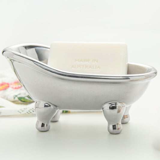 5.6" Ceramic Mini Bathtub Soap Dish Decortative Clawfoot Bathroom Soap Dish (Silver)