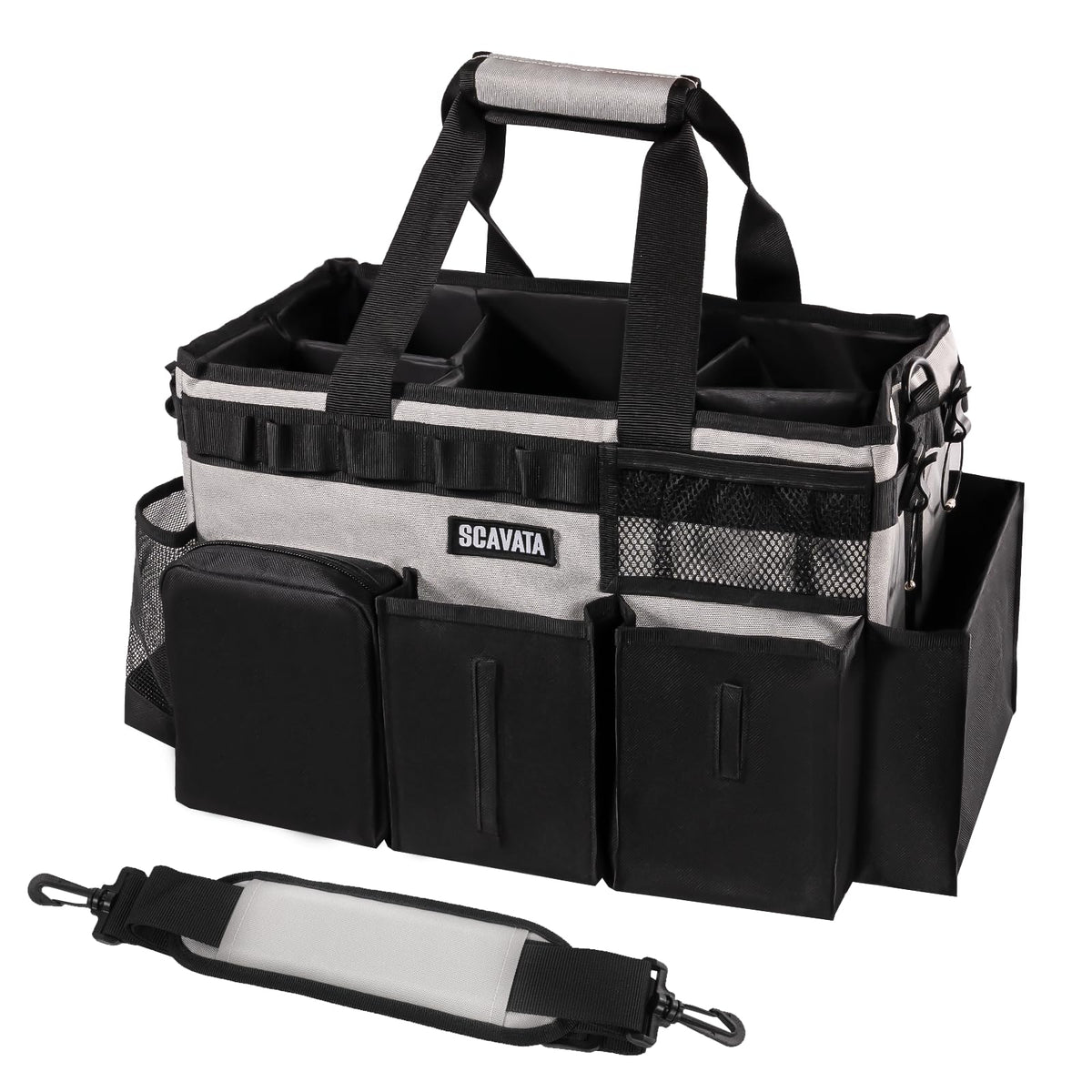 SCAVATA Wearable Cleaning Caddy Bag Cleaning Caddy Supplies Organizer with Handle & Shoulder Straps for Housekeepers Under Sink & Car Cleaning Tool Organizers with 4 Foldable Divider (Grey)