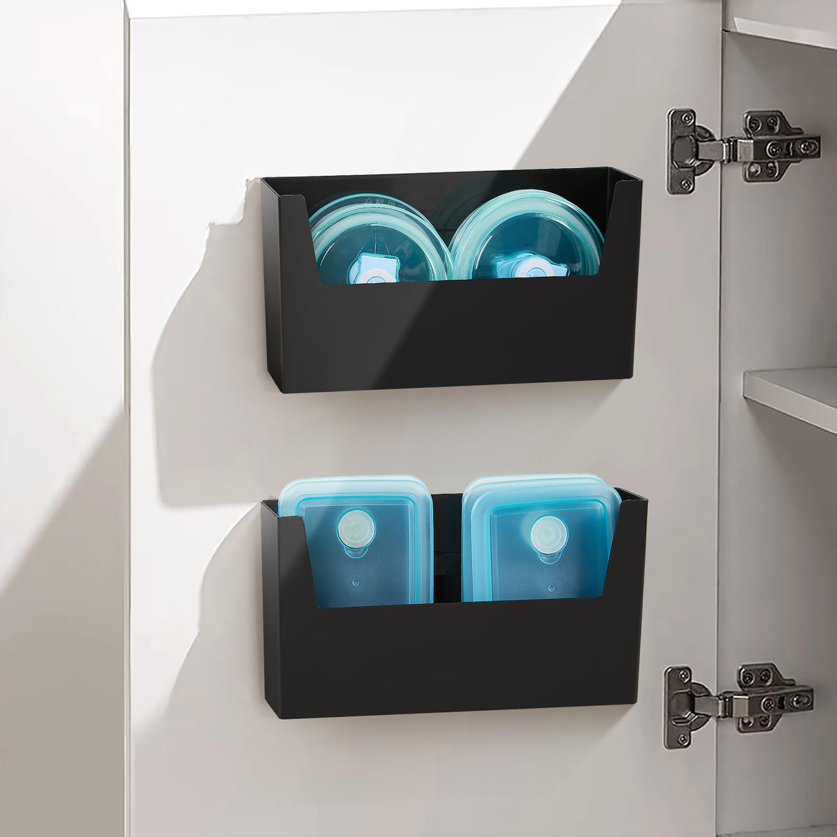 Urukutsa No Drilling Container Lids Holder 2 Pack Adhesive Lids Organizer for Cabinet Door Wall Mounted Under Sink Hanging Storage Basket for Home Kitchen Bathroom Black