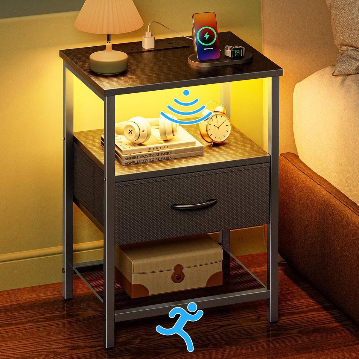 Huuger Nightstand with Nightlight and Charging Station LED Night Stand with Motion Sensor Light Bedside Table with Fabric Drawer End Table with Storage Narrow Side Table with Mesh Shelf Black