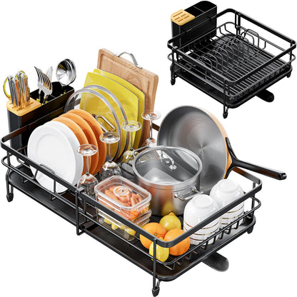 Urackify Expandable Dish Drying Rack for Kitchen Counter Large Extendable Dish Rack with Bamboo Cover Cutlery Holder Multifunctional Adjustable Dish Dryer Drainer